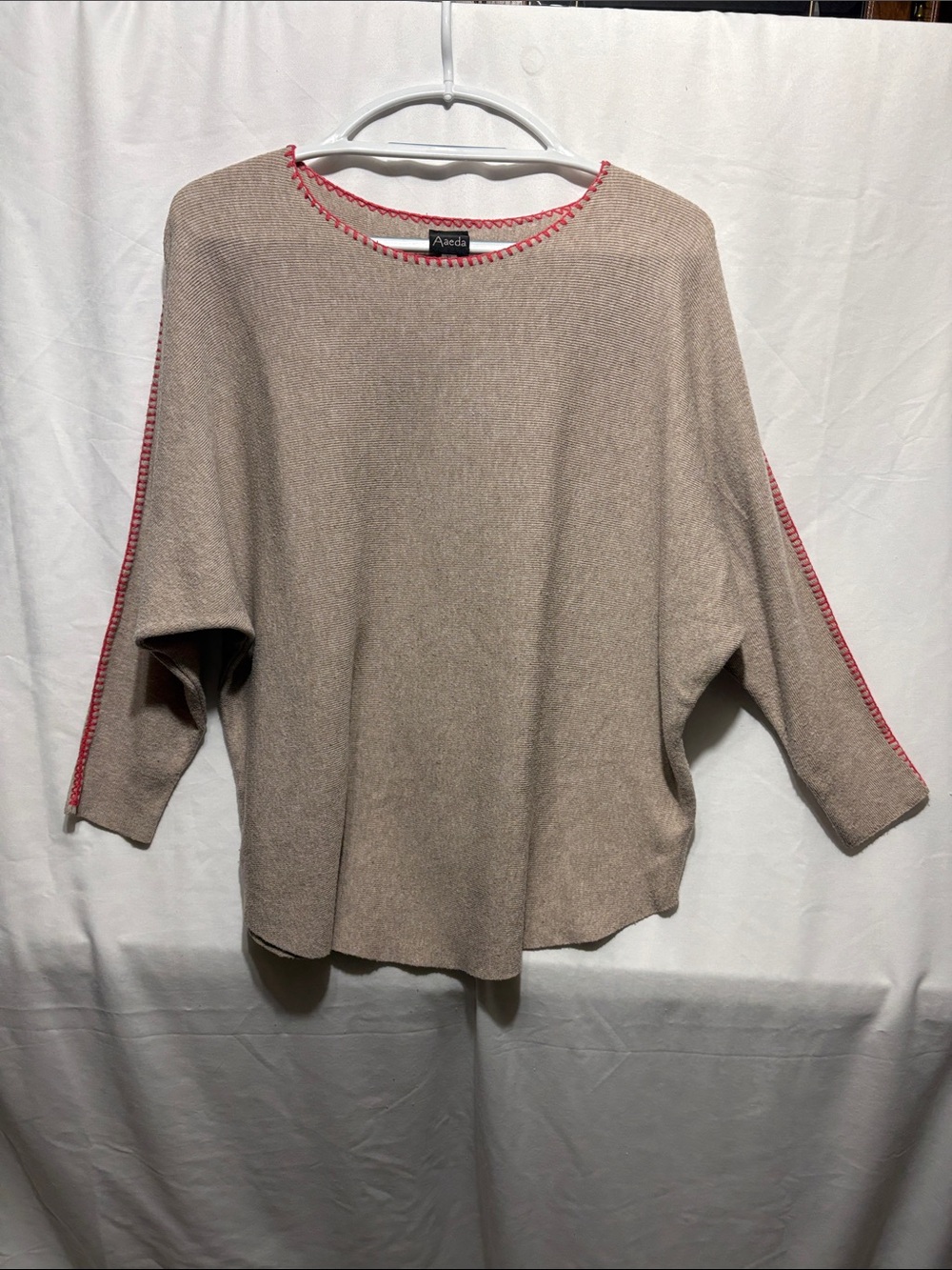 Aaeda Taupe Crewneck Sweater with Pink Trim